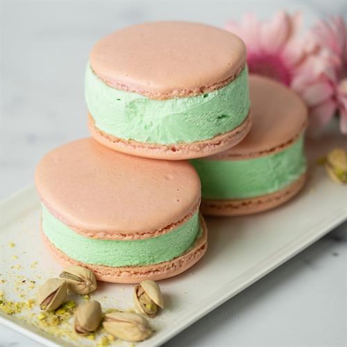 Lychee and Pistachio Macaron Ice Cream Sandwiches